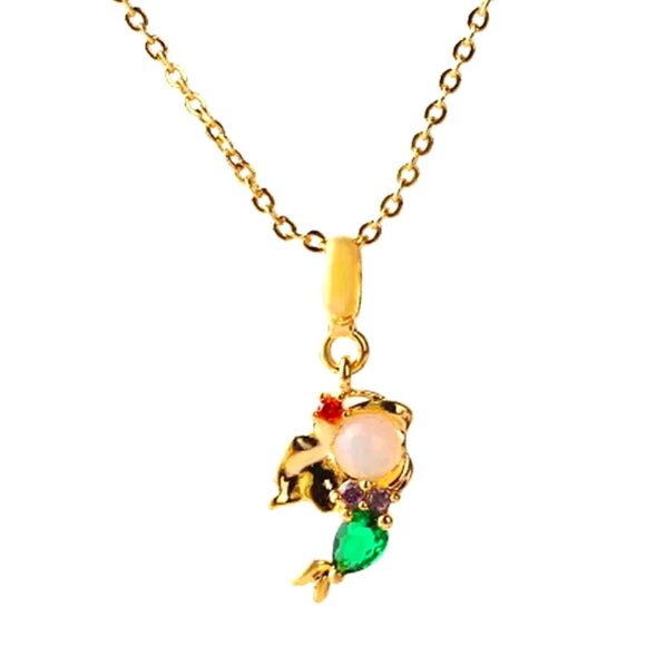 PRETTY LITTLLE CRYSTAL AND CZ MERMAID WITH A GREEN TAIL ON A SLIM 18K FILL CHAIN - Picture 1 of 1